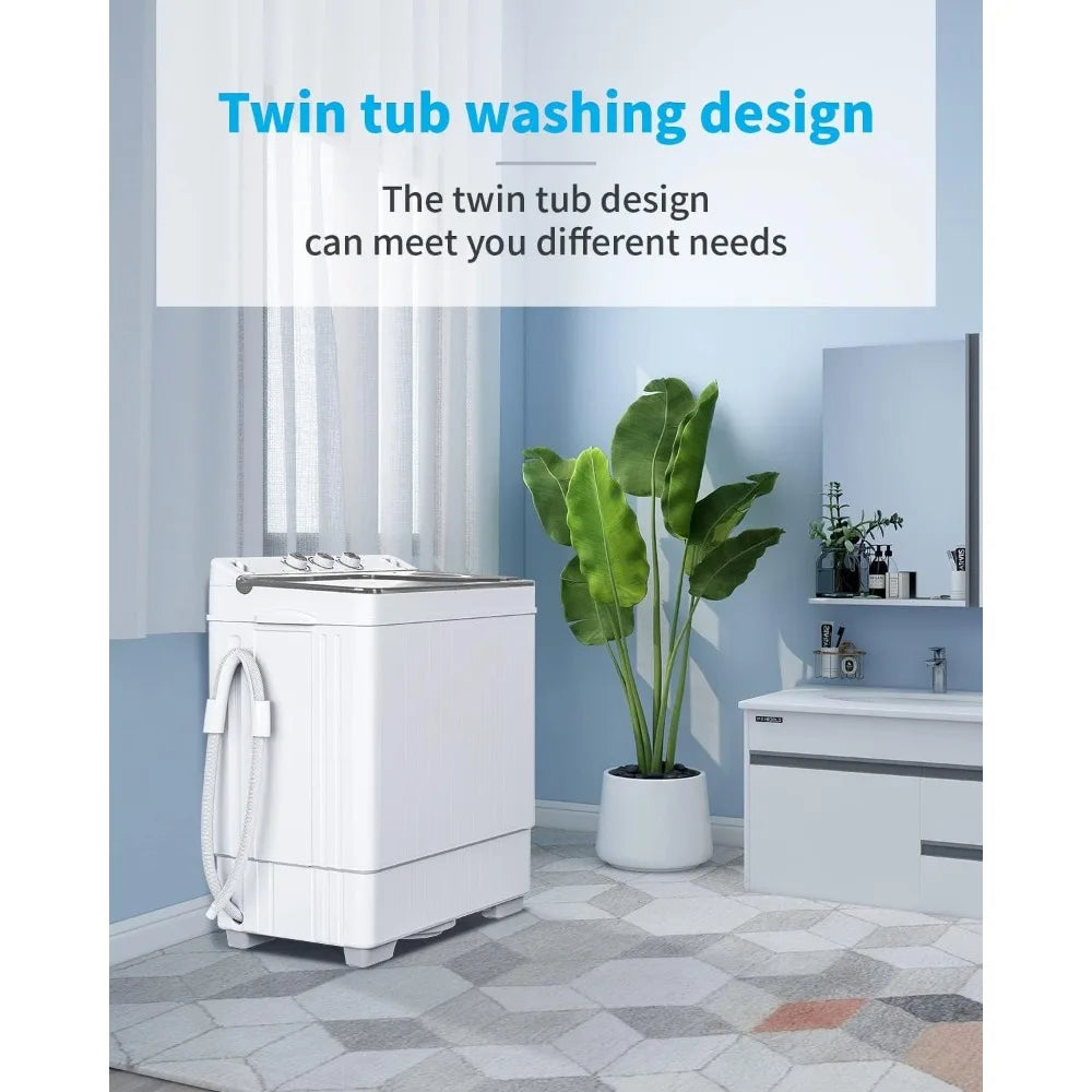 26lbs Compact Twin Tub Portable Washing Machine, Mini Washer(18lbs) & Spiner(8lbs) / Built-in Drain Pump