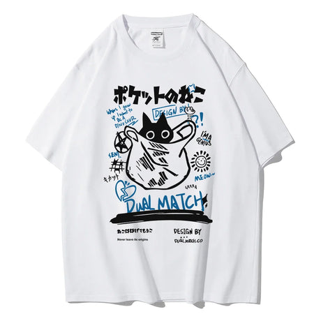 Men Women Cartoon T-Shirts 2024 Summer Harajuku Kawaii Cat Printed Short Sleeve Tees Couple Streetwear Loose Clothes Y2K Tops