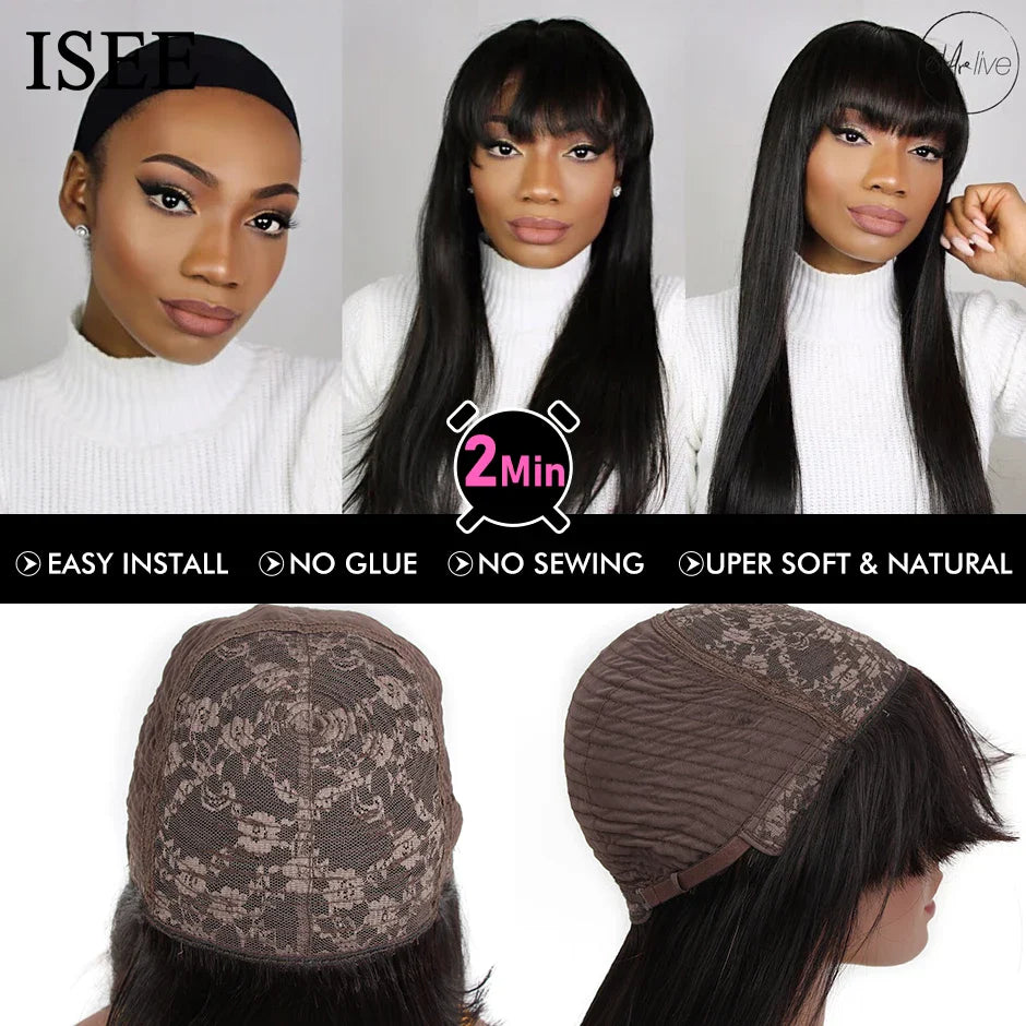 ISEEHAIR Machine Made Sew In Wig Human Hair Straight Wig  Malaysian Straight Wig with Bang Natural Color For Women Glueless Wigs