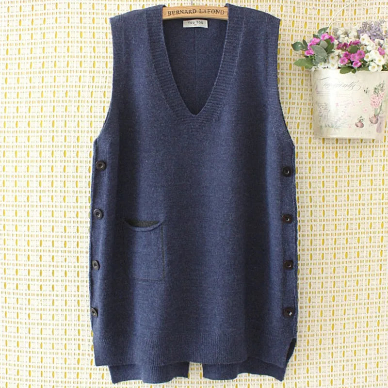 Womens Sweater Vest Plus Size 4xl Loose Solid V-Neck Side Button Slit Pocket Knitting Pullover Curve Sleeveless Jumper E2-0501