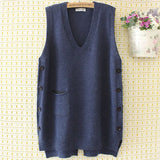 Womens Sweater Vest Plus Size 4xl Loose Solid V-Neck Side Button Slit Pocket Knitting Pullover Curve Sleeveless Jumper E2-0501