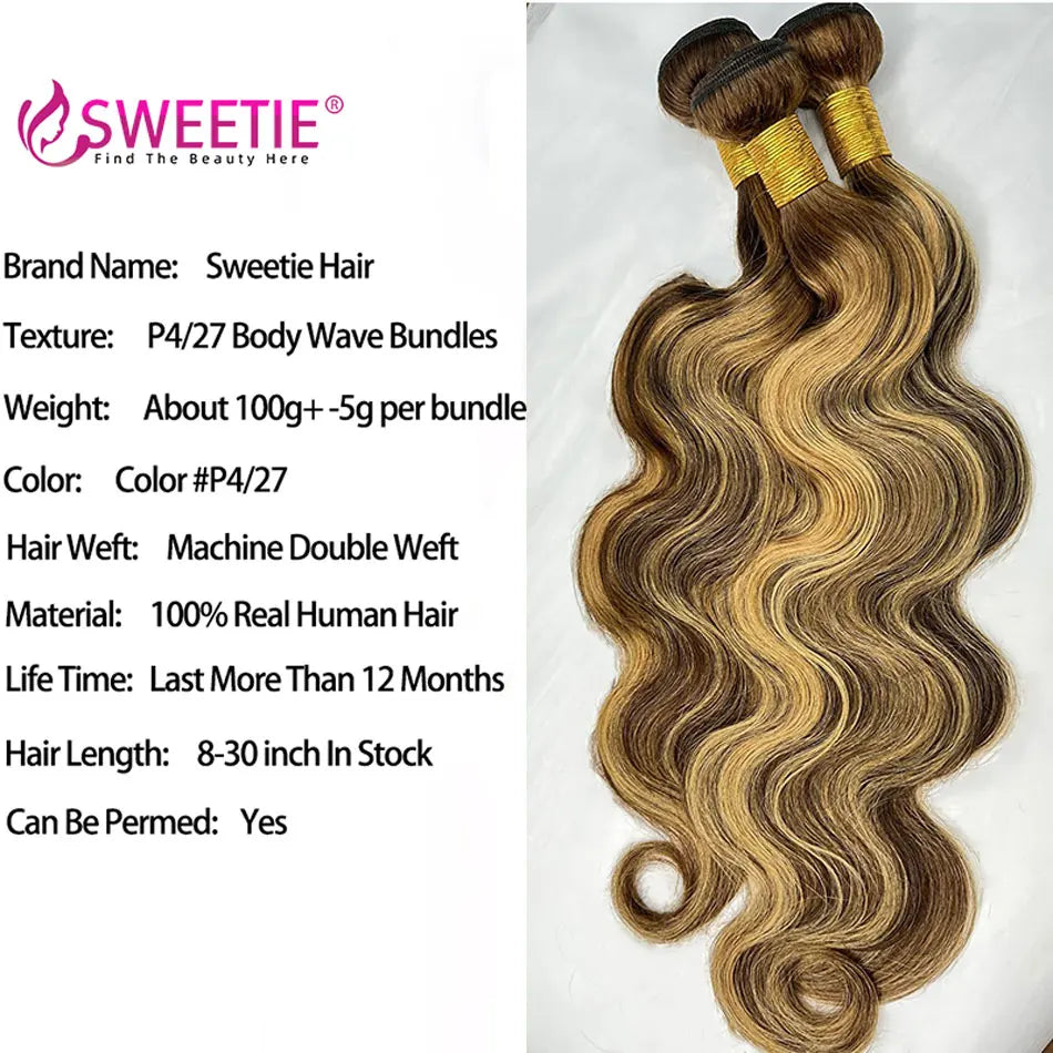 Highlight Body Wave Bundles Human Hair Bundles P4 27 Ombre Honey Blonde Bundle 12A Peruvian Remy Hair Weave Extensions For Woman