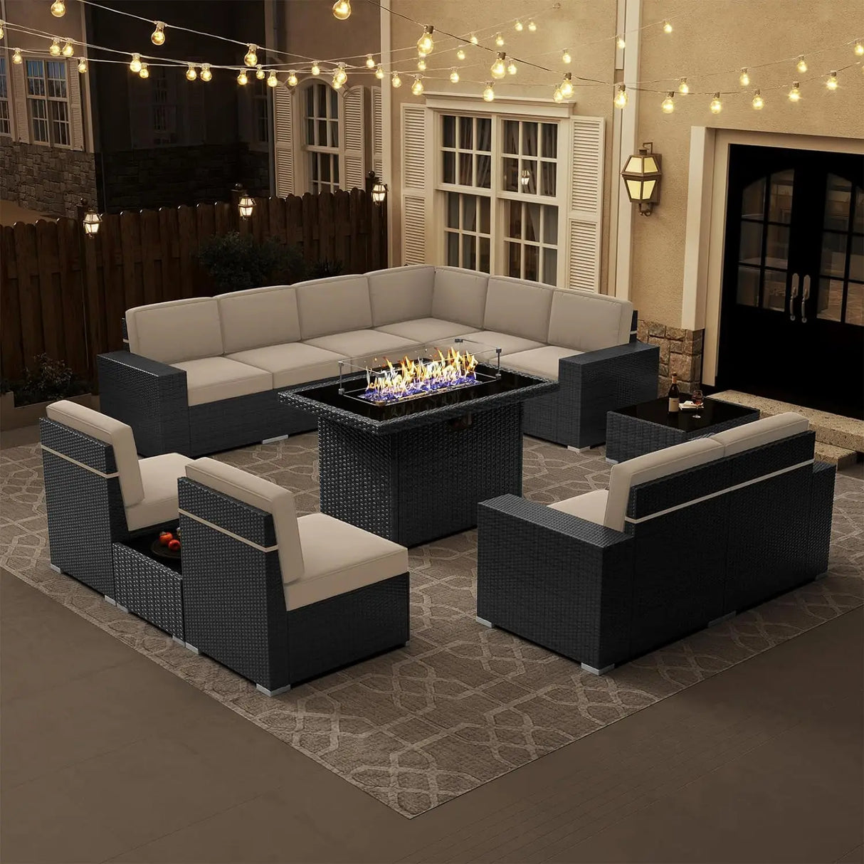 7/8 Pieces Outdoor Patio Furniture Set with  Fire Pit Table Rattan Sectional Sofa Conversation Sets Moden Set for Garden