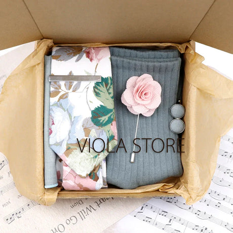 Viola Design 6PCS Gift Box Floral Solid Cotton Sock Tie Sets Clip Pin Cufflinks Hankie Men Wedding Party Daily Cravat Accessory