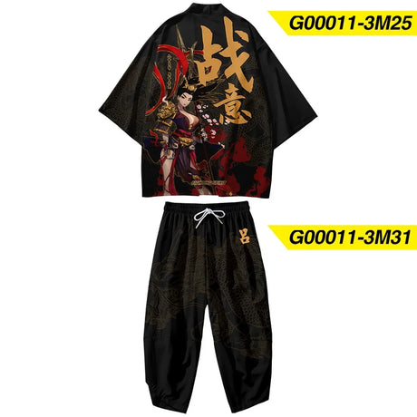 Two-piece Suit Plus Size S-6XL Loose Japanese Cardigan Women Men Cosplay Yukata Clothing Harajuku Samurai Kimono + Pants Sets