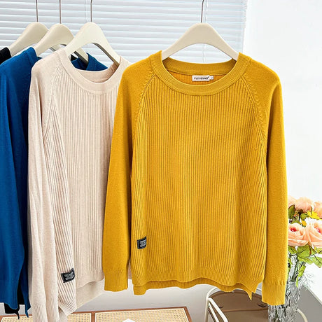 Simple Label Hem Slit Knit Sweater Womens Plus Size Autumn Winter 2023 Casual Clothing Long Sleeve Jumpers Knitted Pullovers