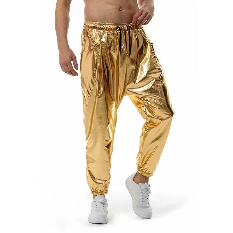 Fashion Shiny Gold Metallic Jogger Sweatpants Hip Hop Casual Pocket Cargo Trousers Disco Dance Party Festival Prom Streetwear