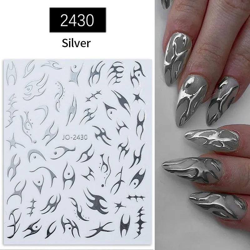 3D Silver Frame Nail Sticker Silver Bronzing Stripe Lines Sliders For Nails Tribal Pattern Decals Marble Blooming Nail Tattoos