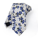 Yourties Men's Cotton Champagne Necktie with Clip Pocket Square Set for Wedding Business Causal Blue Floral Print Tie for Man