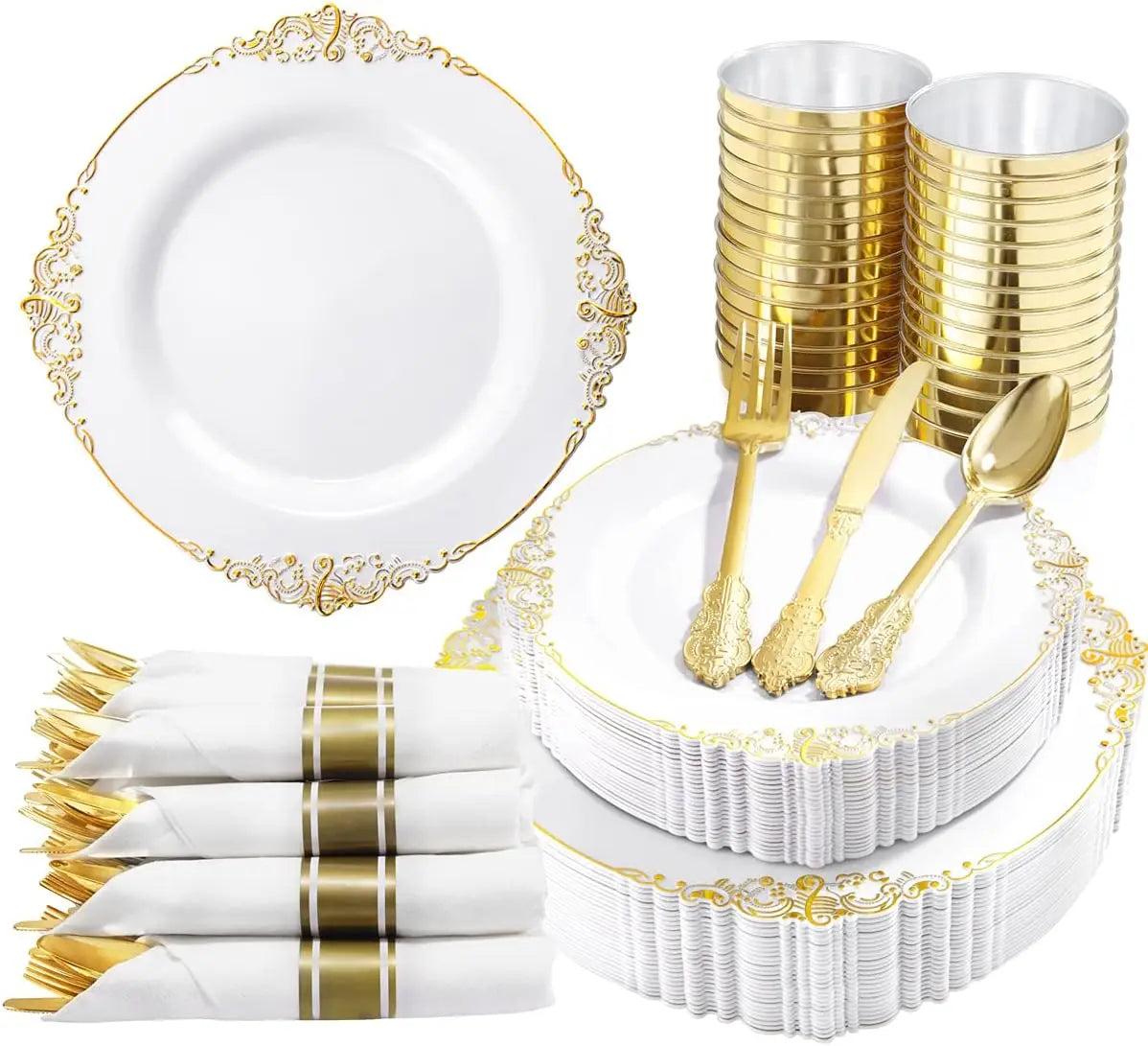 350PCS Gold Disposable Dinnerware Set for 50 Guests, 150 Gold Plastic Silverware, 50Cups, Napkins