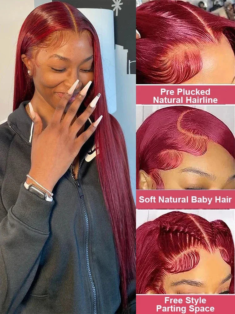 Burgundy 13x6 HD Lace Frontal Human Hair Wig Straight Red 13x4 Lace Front Human Hair Wigs For Women Pre Plucked 99J Colored Wig