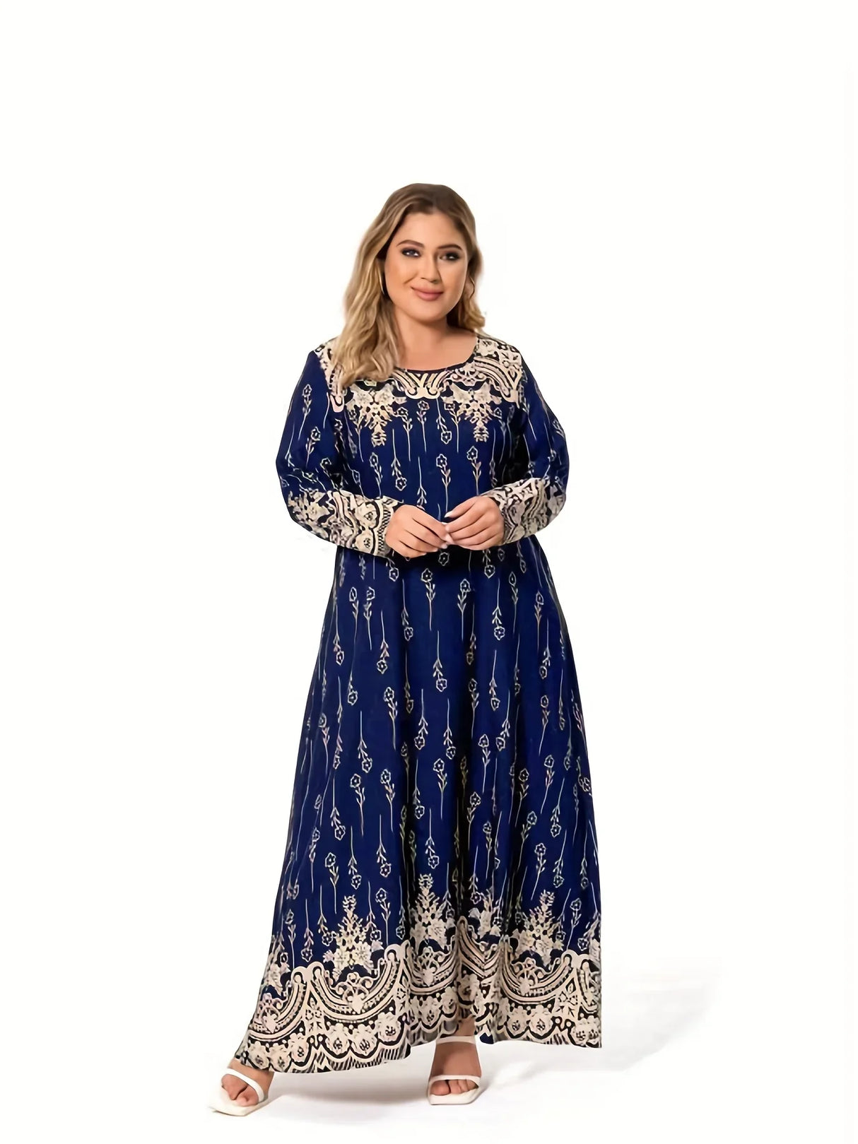 Plus size women's spring & summer round neck polyester non-elastic band ethnic print fashionable simple long-sleeved long dress。