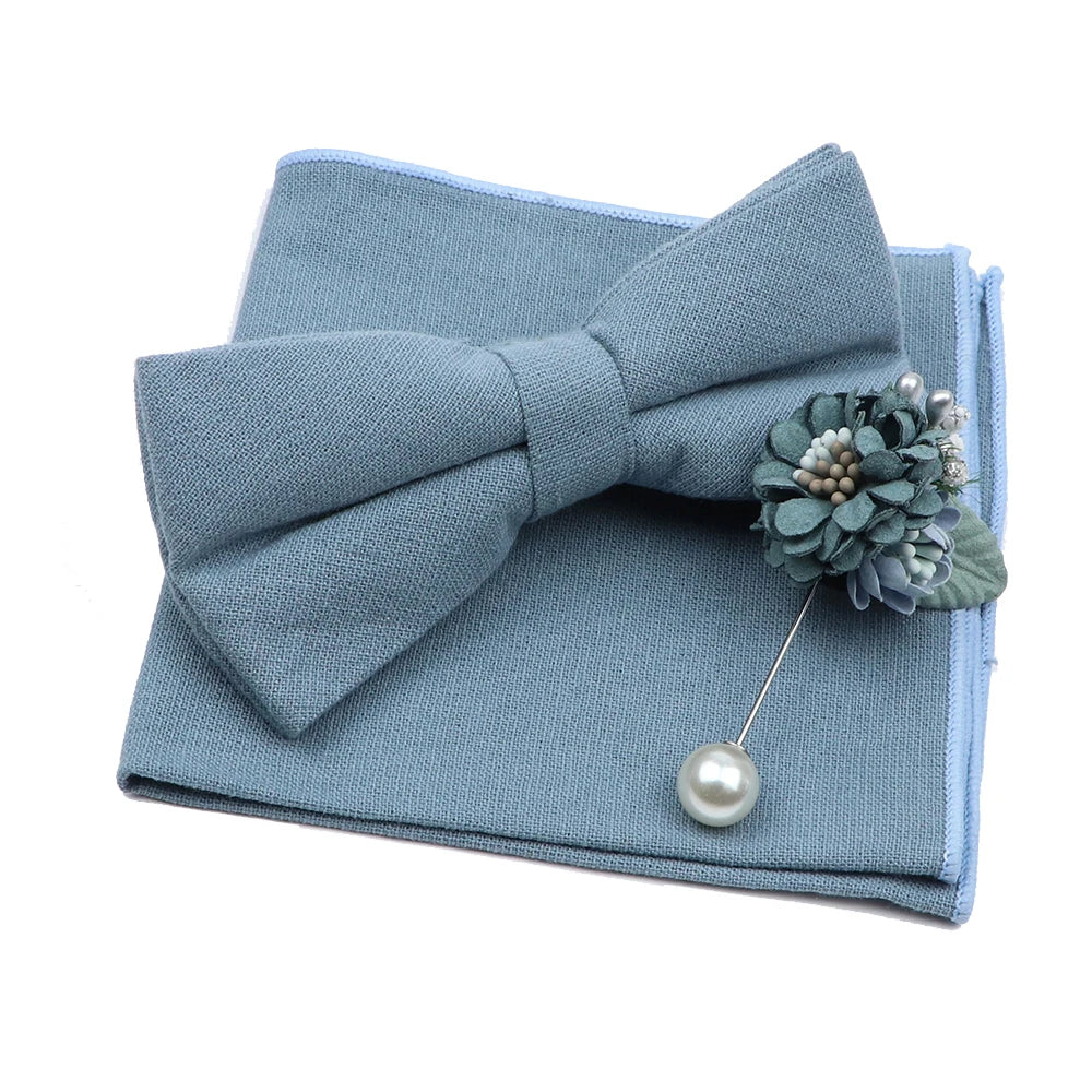 Solid Color Mens Bowtie Brooch Set 100% Cotton Pink Blue Bow Tie Flower Lapel Pin Romantic Wedding Party Suit Shirt Accessories