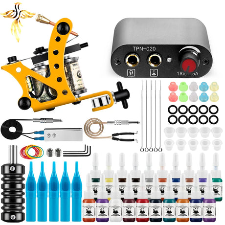 Tattoo Machine Set Beginner Practice Set Tattoo Needles Pigment Foot Pedal Power Cord Tattoo Equipment Supplies Shader Liner Kit