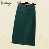 Plus Size Slim High Waist Front Slit Midi Straight Skirts 4XL Women Japanese Harajuku Sashes Pockets Bodycon Green Cargo Skirt