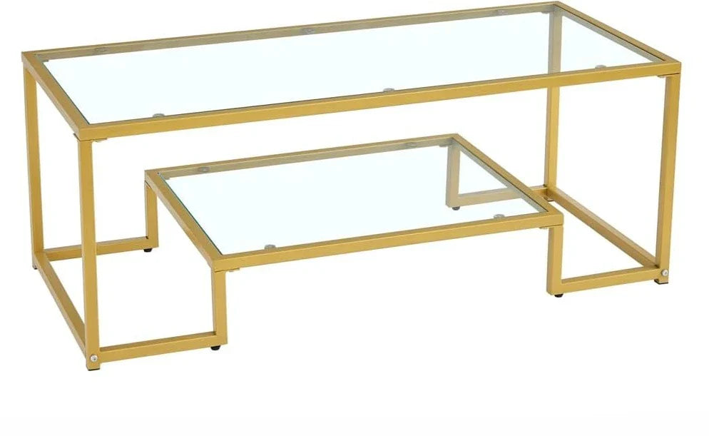 Metal Glass Coffee Table - Two-Tiered with Tempered Glass, Stylish Metal Frame Coffee Table for Bedroom, Dining Room, Office