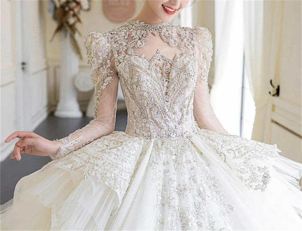 Dubai Arabia High Neck Full Sleeves Ball Gown Wedding Dress Luxruy Crystal Bridal Gowns Sequin Pearls Church Robe De Mariée