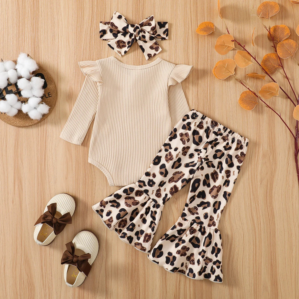 Citgeett Autumn Infant Baby Girls Jumpsuit Solid Color Ribbed Fly Sleeve Romper + Leopard Flare Pants Spring Clothes