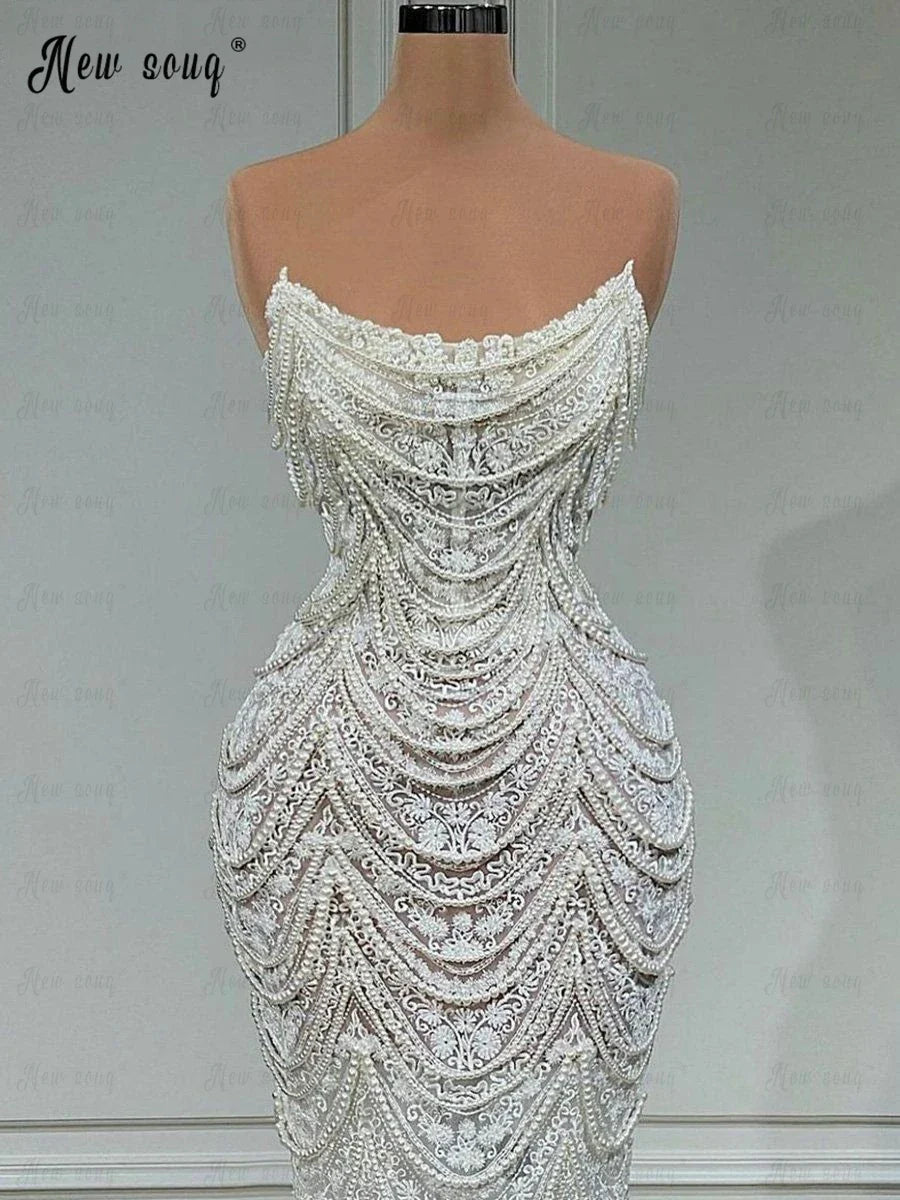 Elegant Lace Pearls Tassels Wedding Dress Boat Neck Mermaid Shiny Bridal Gowns 2023 Custom Made Formal Wedding Party Dresses