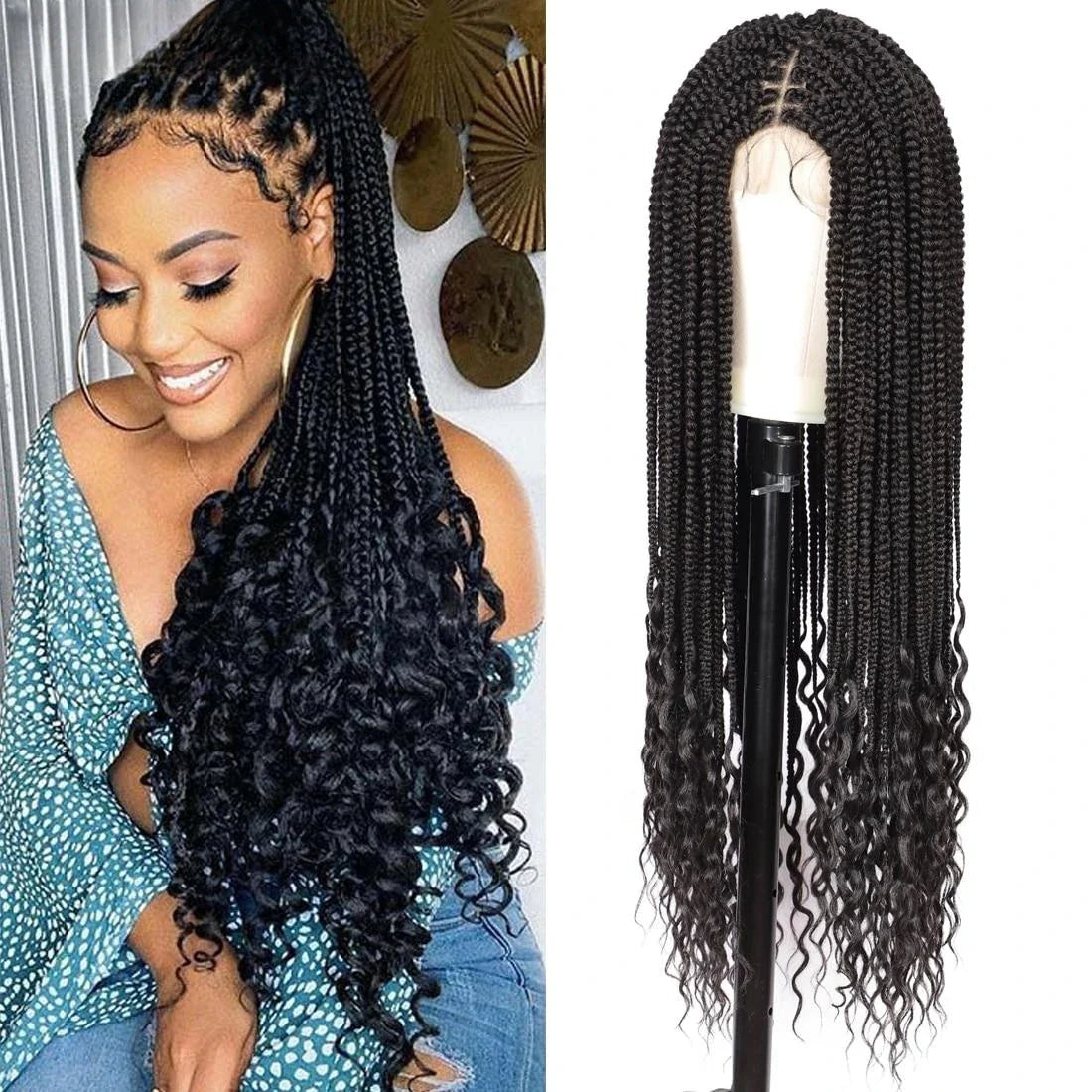 Kalyss 36" Full Double Lace Braided Wigs with Boho Curly Ends Knotless Cornrow Box Braided Wig with Baby Hair