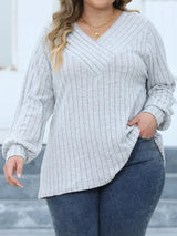 GIBSIE Plus Size Long Sleeve T Shirts for Women Spring Fall Fashion V Neck Solid Ribbed Knit Casual Tee Tops Female 2023 Clothes