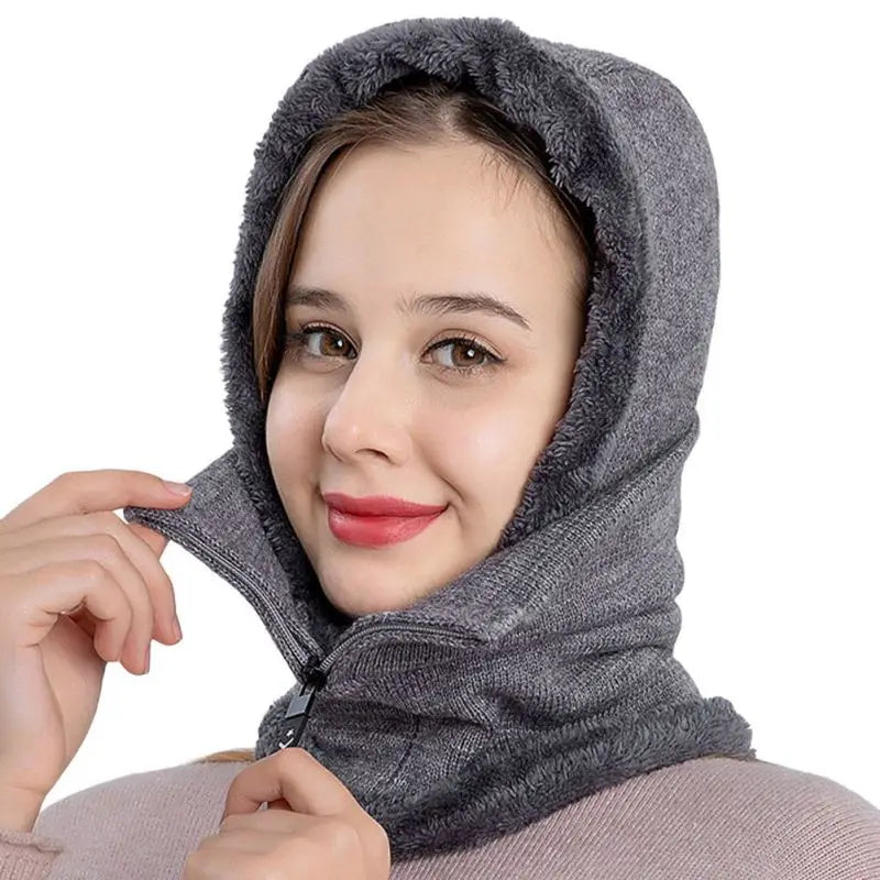 New Winter Women 3in1 Knitted Ski Hat with Scarf Neck Warmer Fleece Lined Hood Face Mask Adult Balaclava for Outdoor Sports