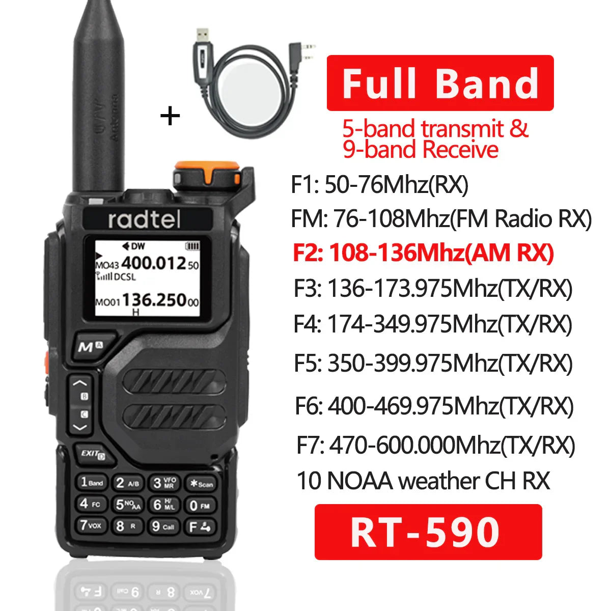 Radtel RT-590 Air Band Walkie Talkie Amateur Ham Two Way Radio Station UHF VHF 200CH Full Band HT with NOAA Channel AM Satcom