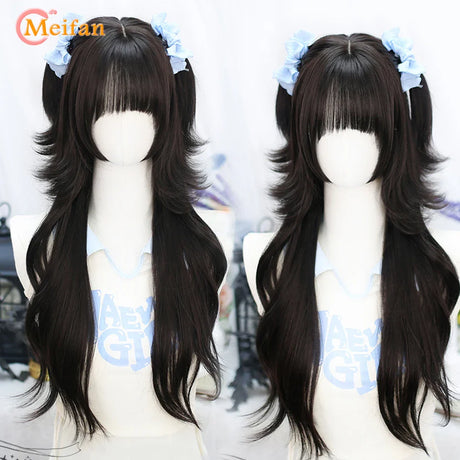 MEIFAN Synthetic Long Straight Lolita Wig with Bangs Wig Girl Cute Mixed Black Red Blonde Cosplay Party Halloween Harajuku Wig