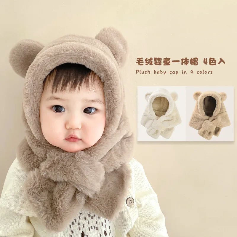 Winter Baby Hat One-Piece Faux Fur Kids Hat Hooded Scarf Bear Ears Warm Neck Ear Cap for Girls Boys Windproof Beanies Infant Cap