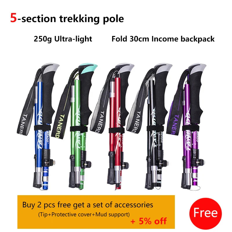 Outdoor Portable 5-Section Fold Trekking Pole Camping Walking Hiking Stick For Nordic Elderly Telescopic Club Easy Put Into Bag