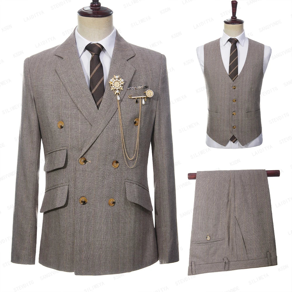 2023 Latest Summer Men Double Breasted Khaki Linen Suits Vetical Stripe Slim Fit Tuxedos For Wedding 3 Pcs Set Jacket Vest Pants