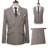 2023 Latest Summer Men Double Breasted Khaki Linen Suits Vetical Stripe Slim Fit Tuxedos For Wedding 3 Pcs Set Jacket Vest Pants