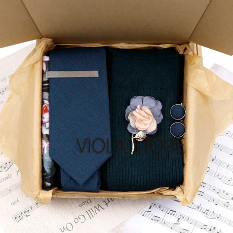 Viola Design 6PCS Gift Box Floral Solid Cotton Sock Tie Sets Clip Pin Cufflinks Hankie Men Wedding Party Daily Cravat Accessory