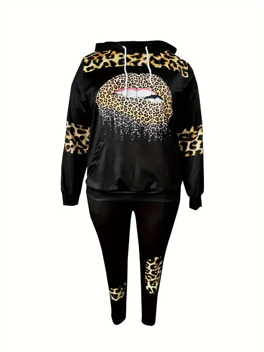 LW Plus Size Pattern Animal Print Two-piece Pants Set Women Autumn Winter Lip Hooded Collar Sporty Patchwork Matching Suits