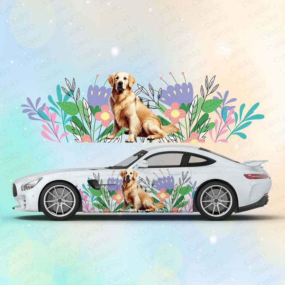 Golden Labrador Flower Large Car Stickers Decals Car Body Stickers Car-Side Decals Waterproof Car Vinyl Stickers for Truck SUV