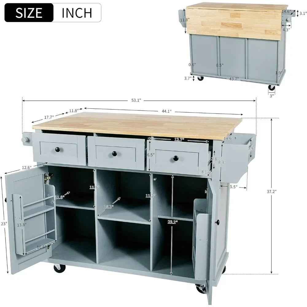 Kitchen Carts on Wheels With Rubber Wood Drop-Leaf Countertop Trolley Mobile Kitchen Islands With Storage BlueFreight Free Home