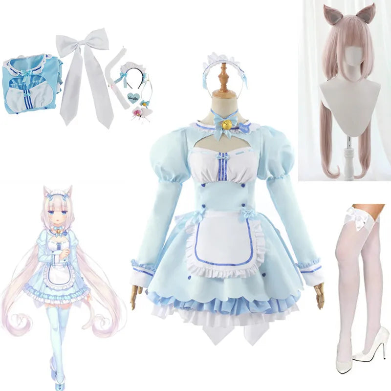 Anime Nekopara Vanilla Cosplay Wig Costume Maid Lolita Dress Blue Halloween Party Show Role Play Outfits For Girls