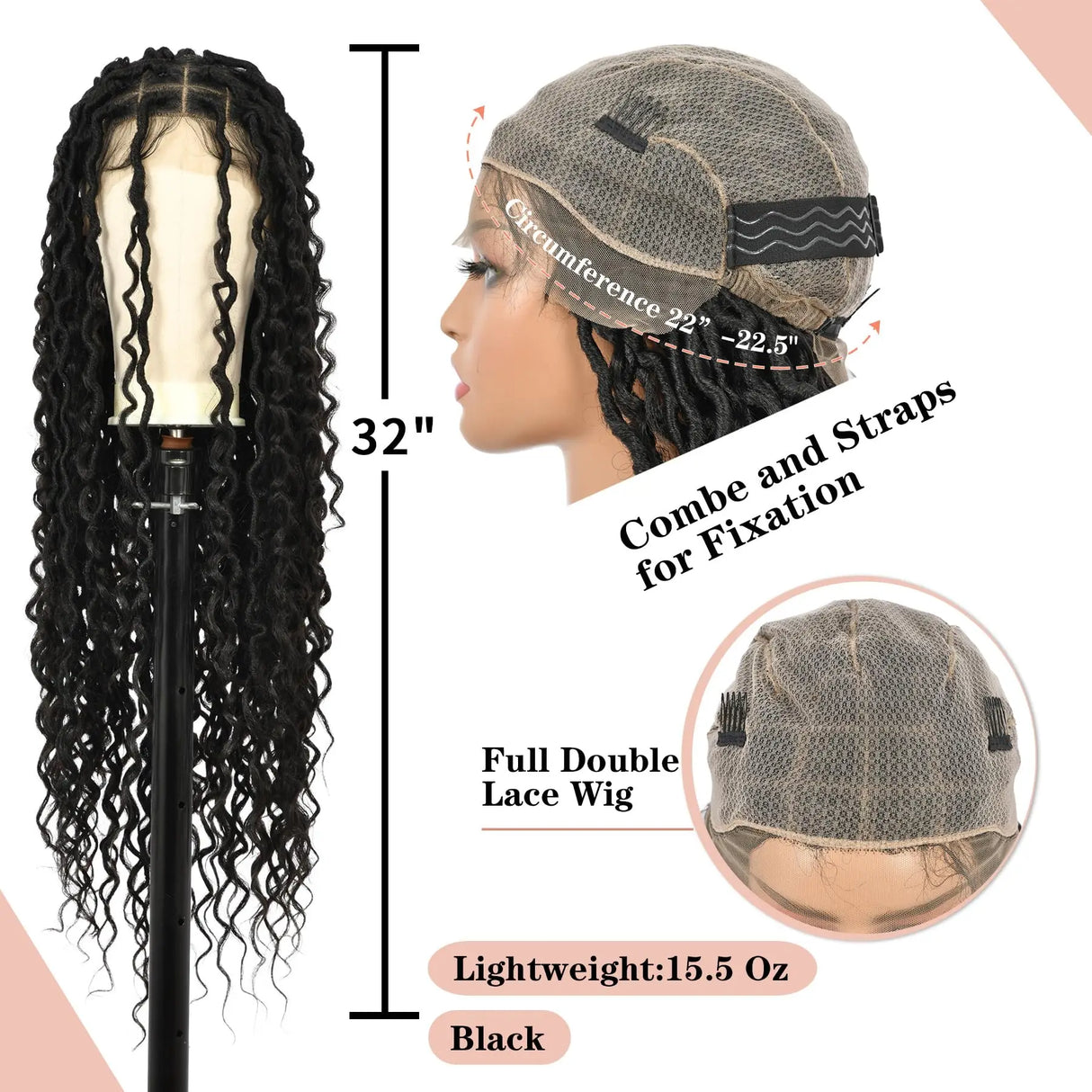 kalyss 32" Square Knotless Locs Briaded Wigs Full Lace Briaded Wig With Boho Curls Synthetic Lace Front Braided Wigs