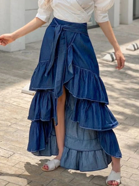 Women Mermaid Skirt Plus Size High Waist Casual Plain Spliced Pleated Slit Hem Denim Skirt Single Button Slim Vintage Skirt 2023