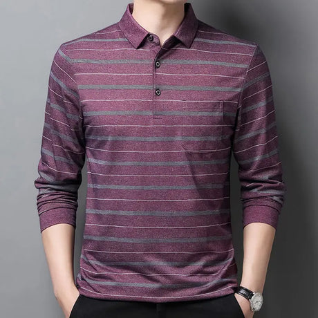 Spring and Autumn Men's Fashion Casual Pocket Long Sleeve Tee T-shirt with Loose Striped Polo Pullover and Contrast Color Tops