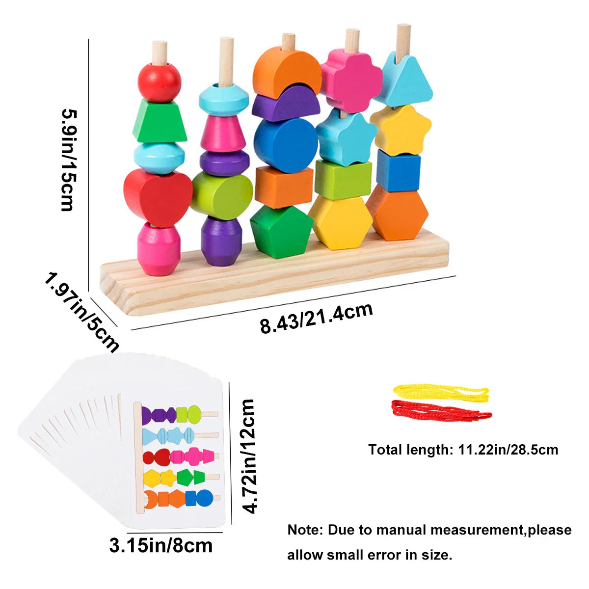 Montessori Wooden Beads Sequencing Toy Set, Five Columns Stacking Colorful Blocks,Lacing Beads, Matching Shape Stacker