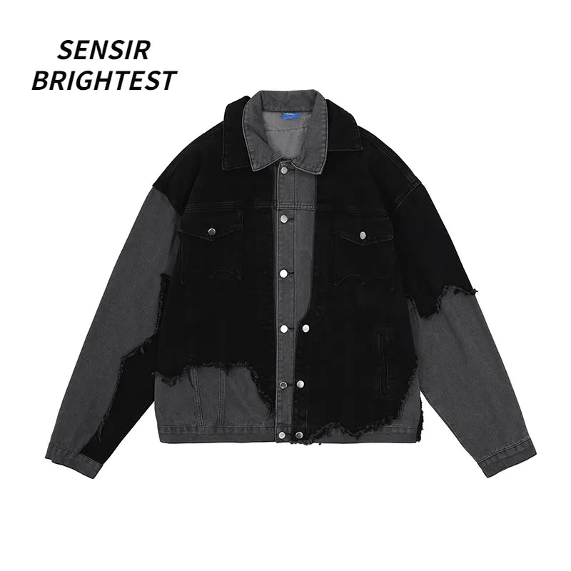 American High Street Washed Gray-black Stitching Pierced Denim Jacket Irregular Burr Long Sleeve Jacket Men