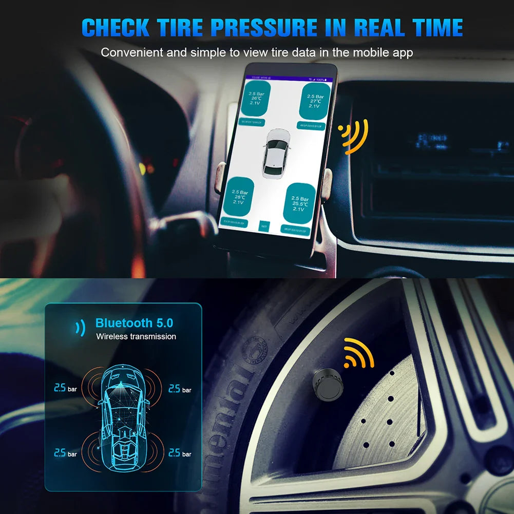 Car TPMS Tire Pressure Monitoring System Bluetooth 5.0 Mobile Phone Display Motorcycle Car Tyre Pressure Sensor for lOS Android