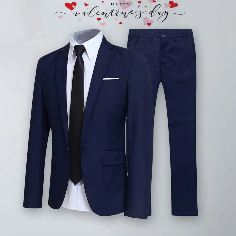 1 Set Trendy Men Blazer Pants British Style Men Suit Set Turndown Collar One Button Lapel Suit Set  Streetwear