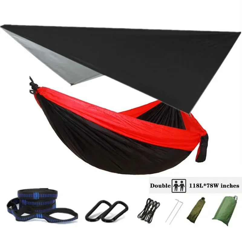 Oversized Double 118inx79in Hammock with Tree Straps and Rain Fly, Indoor Outdoor Backpacking Survival & Travel Camping Hammock