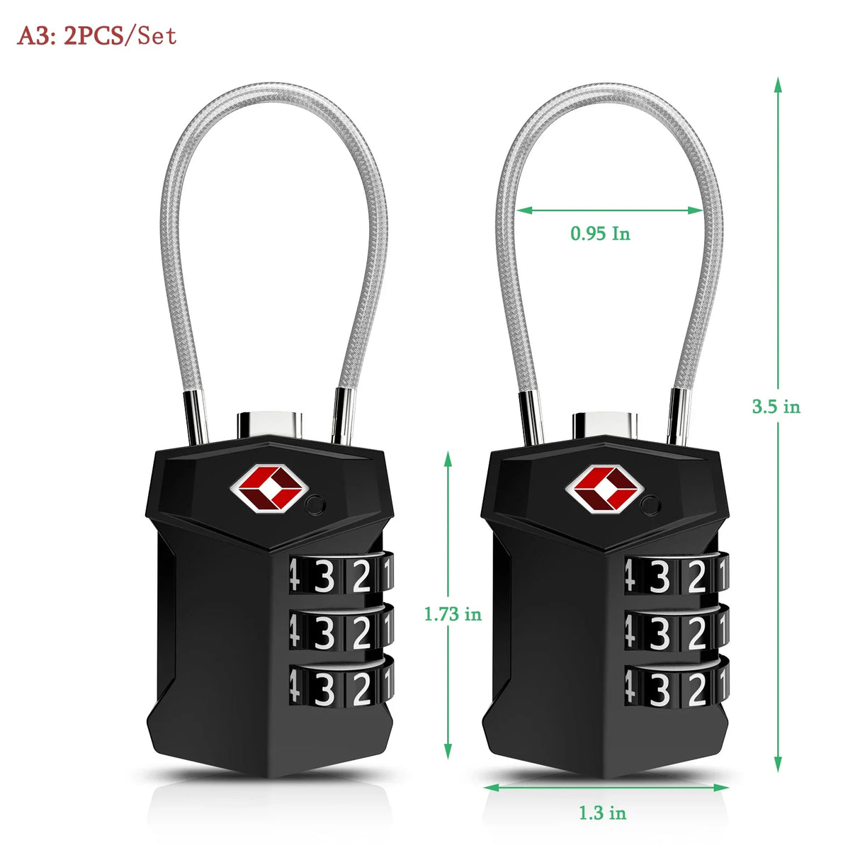 ORIA TSA Approved Luggage Padlocks 3-Digit Combination Travel Lock with Flexible Cable for Suitcase Backpack Laptop Bag Case