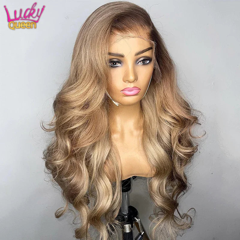 Ombre Blonde 13X4 Transparent Lace Front Human Hair Wig Brown Root Glueless Body Wave Ash Blonde 5X5 Closure Wig Pre Plucked