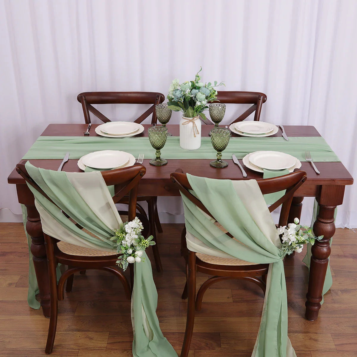 24 Pcs 17x275cm Chiffon Chair Sashes 12 Set Sage green Chair Sash Wedding Chair Covers Ribbon Wedding Party Aisle Chair Decor