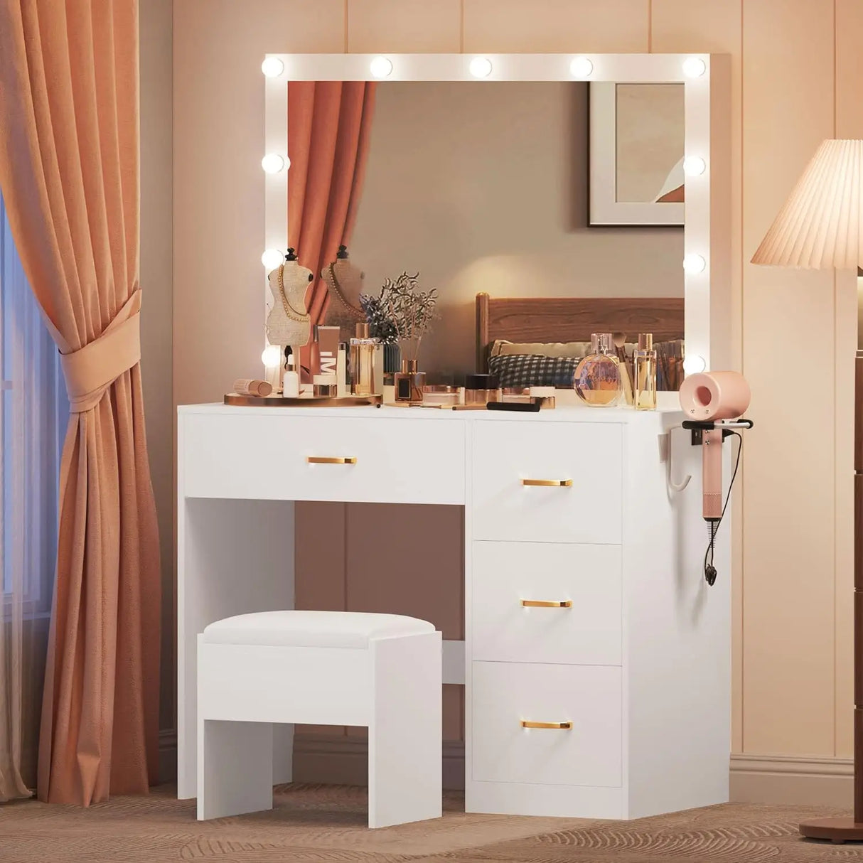 DWVO Makeup Vanity with Large Lighted Mirror, Vanity with Power Outlet, 3 Color Lighting Modes, Adjustable Brightness, 4 Drawers