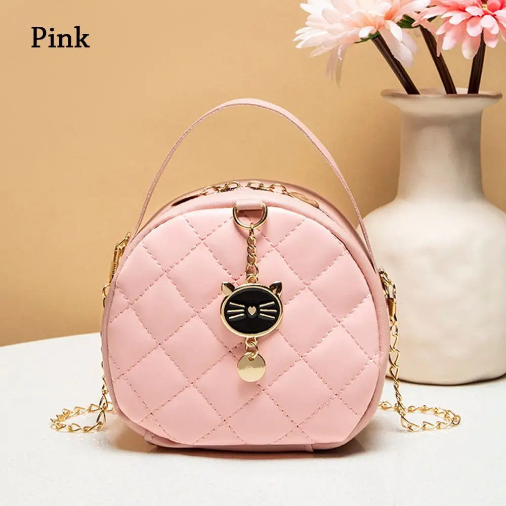 Women Chain Shoulder Bags Round Handbags Ladies Cute Cat PU Leather Female Crossbody Messenger Bag